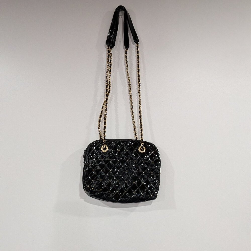 Black Pleather Purse with Gold Studs and Chain Straps